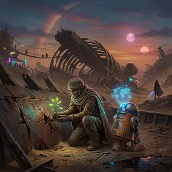 Star Wars forum avatar/pfp: desert scavenger tends a sapling beside an astromech amid wrecked starship bones at sunset, twin suns and a faint rainbow overhead.