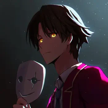 Forum avatar of Kiyotaka Ayanokōji (Classroom of the Elite): dark-haired student in crimson uniform holding a white mask, glowing golden eyes against a starry dark background.