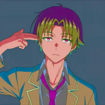 Forum avatar of Kiyotaka Ayanokōji (Classroom of the Elite): anime school-uniform portrait with purple-green hair, flat expression, and a finger-gun gesture to his temple.