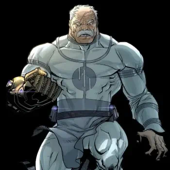 Forum avatar of Conquest from the TV show Invincible: a scarred, hulking, white-suited armored warrior clutching a powered gauntlet on a black background.