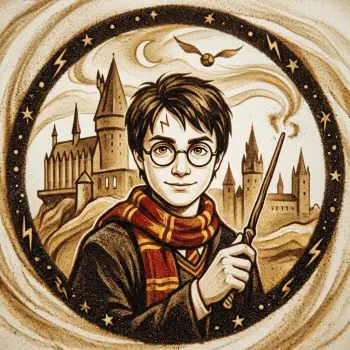 Sepia-toned Harry Potter forum avatar: young wizard with round glasses and lightning scar, Gryffindor scarf and raised wand, Hogwarts castle and Golden Snitch in a circular frame.