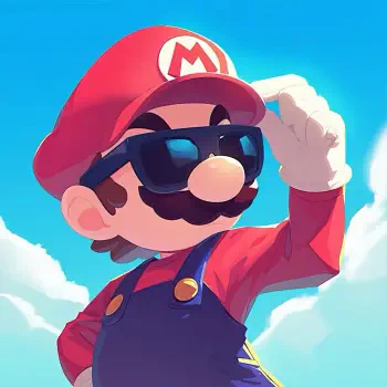 Forum avatar/pfp of Mario, the game character, wearing black sunglasses and his red cap, striking a confident pose against a bright blue sky.