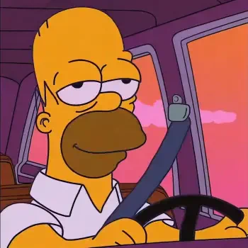 Cartoon Homer Simpson from The Simpsons, smirking and chill behind the wheel with seatbelt and sunset glow — forum avatar/pfp.