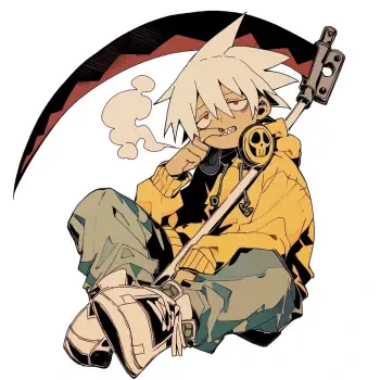 Forum avatar of Soul Evans (Soul Eater): white‑haired anime boy in a yellow hoodie, seated with his scythe and skull headphones.