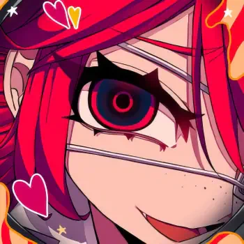 Close-up forum avatar of Kasane Teto (UTAU): bright red hair, striking concentric anime eye, facial bandages and freckles, playful smirk with heart decorations.