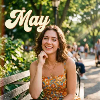 Forum profile photo: smiling young woman in a floral sundress on a sunlit park bench, blurred trees behind her and a stylized May script in the top-left.