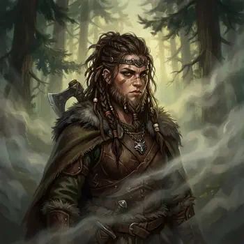 Forum avatar/pfp of a stern barbarian warrior with braided hair, fur cloak and axe, standing in a misty, pine forest.