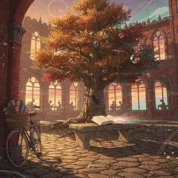 College forum avatar: sunlit cloister with a large tree, open book on a stone bench, bicycle, silhouetted students and floating bubbles in warm sunset light.