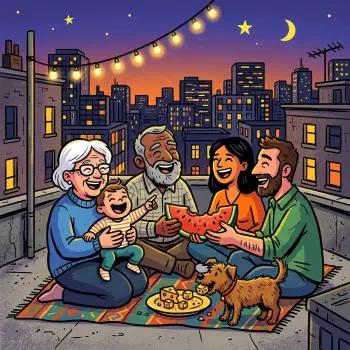 Forum avatar of a happy multigenerational family sharing watermelon on a rooftop at night under string lights, city skyline in the background, with a small dog.