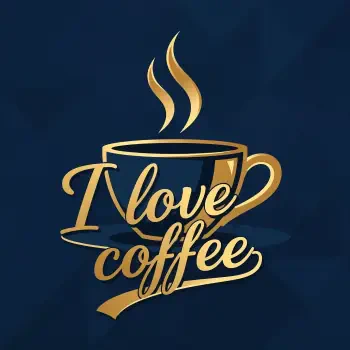 Gold stylized steaming coffee cup with cursive I love coffee on dark blue background — forum avatar/pfp