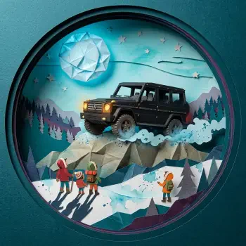 Circular forum avatar/pfp showing a paper‑cut style scene: a black Mercedes‑Benz G‑Class driving over snowy rocks under a geometric moon, hikers watching in the foreground.