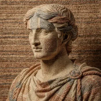 Forum avatar/pfp: classical Greek statue bust in textured stone, draped cloak, set against a woven background.
