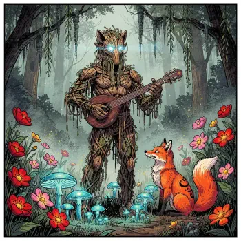 Forum avatar/pfp: a wooden, plant-like bard with glowing blue eyes playing a lute in a mushroom-ringed forest, a fox and red flowers at its feet.