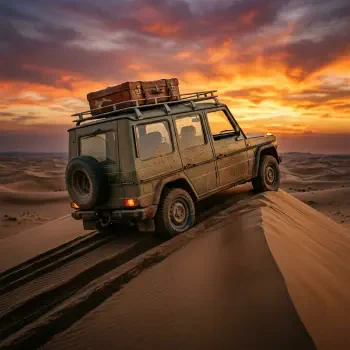 Forum avatar/pfp: Mercedes‑Benz G‑Class perched on sand dunes at sunset, rooftop luggage and deep tire tracks visible in warm, dramatic light.