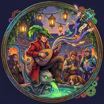 Circular forum avatar/pfp of a bard in a feathered hat playing a lute by a glowing fountain, lanterns above, musical notes swirling, attentive patrons and a resting dog.