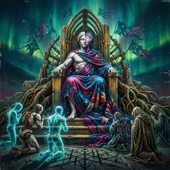 Forum avatar of a god-emperor seated on an ornate throne draped in a cosmic robe, flanked by kneeling robots, holographic figures and cloaked supplicants under an aurora-lit sky.