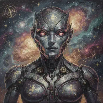 Forum avatar of a metallic humanoid robotic organism with glowing red eyes, ornate circuitry and cosmic starfield backdrop.
