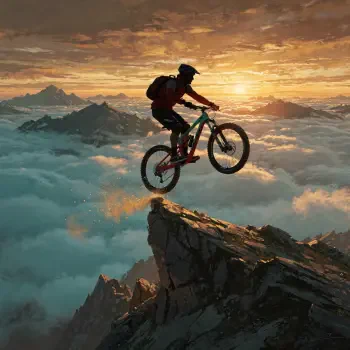 Forum avatar/profile photo: silhouette of a mountain biker mid-jump off a rocky peak above clouds at sunset.