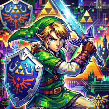 Vibrant forum avatar/pfp of Link from The Legend of Zelda, brandishing a sword and Hylian shield with a glowing Triforce against a neon, pixelated background.