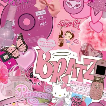 Pink Y2K girly collage forum pfp: Bratz logo, CD, flip phone, butterfly, bows, hearts and makeup, all in a playful pink aesthetic.