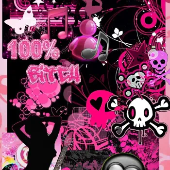 Pink Y2K girly forum avatar/pfp: bright pink collage of skulls, hearts, music notes, butterflies, silhouetted figure and bold 100% BITCH graffiti with edgy pop icons.