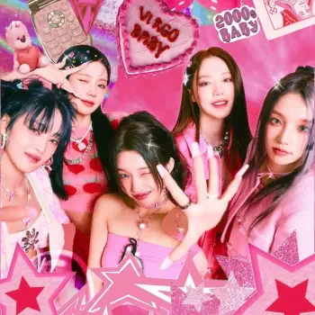 Y2K-inspired forum avatar of a K-pop girl band in pink outfits, playful props and star graphics, energetic group pose for a profile picture.