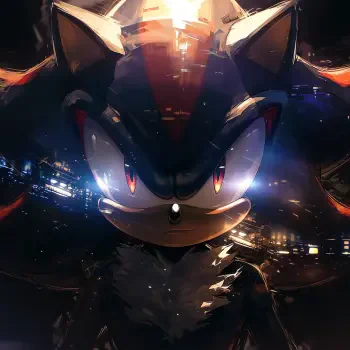 Dramatic close-up of video game character Shadow the Hedgehog with glowing red eyes and city lights reflected, presented as a moody, high-contrast forum avatar/pfp.