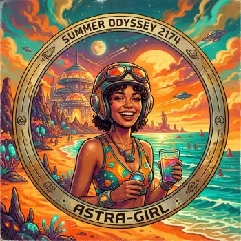 Summer-aesthetic forum avatar: smiling woman in aviator helmet and colorful swimsuit holds a drink on a neon sunset beach with futuristic domes, framed by Summer Odyssey 2174 — Astra-Girl.