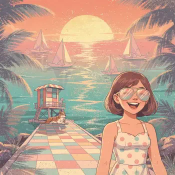 Forum avatar/pfp: cheerful woman in sunglasses and polka-dot dress on a tiled pier, dog by a lifeguard hut, sailboats and palm trees at sunset — summer vacation scene.