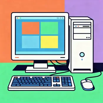 Illustrated Windows desktop PC with monitor showing the four-color Windows logo, keyboard and mouse — bright forum avatar/profile picture.