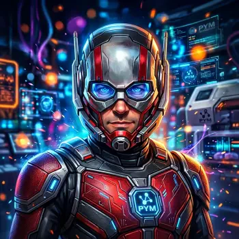Ant-Man forum avatar: helmeted close-up with glowing blue eyes, red tech suit and neon sci-fi control panels glowing in the background.