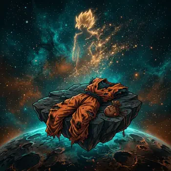Forum avatar of Goku: his orange gi and boots lie on a floating rock above a cratered planet, while a glowing Super Saiyan silhouette forms in the starry nebula.