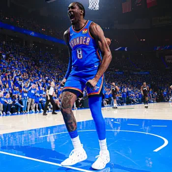 Profile avatar showing an NBA player in an Oklahoma City Thunder blue jersey roaring in celebration on the court.