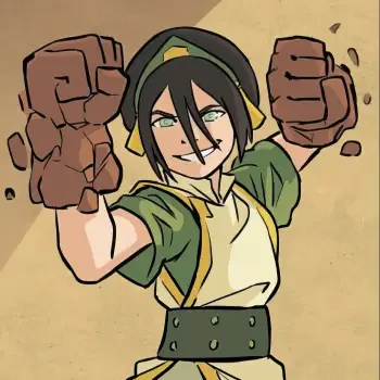 Anime avatar of Toph Beifong (Avatar: The Last Airbender) with fists raised in a rockbending pose, wearing a green Earth Kingdom outfit and a confident smirk — forum profile picture.