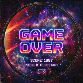 Circular forum avatar: neon pixel GAME OVER over a vivid galaxy background, with SCORE: 1987 PRESS X TO RESTART text and a small gamepad icon.