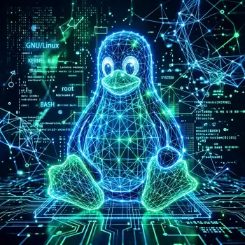 Glowing neon wireframe Tux penguin seated on a circuit-board plane with floating code — Linux forum avatar/profile picture.