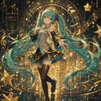 Forum avatar of Hatsune Miku with teal twin-tails and a gold-accented outfit, reaching out amid swirling golden musical notes, stars, and a luminous, ornate stage-like backdrop.