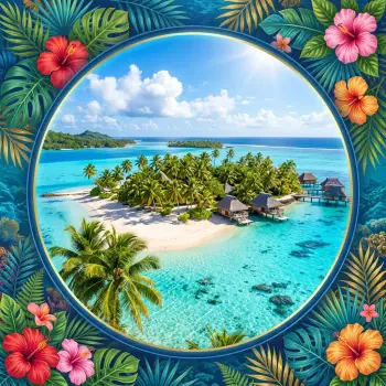 Forum avatar/pfp: vibrant island paradise — turquoise lagoon, palm-covered islet with overwater bungalows, framed by colorful tropical flowers.