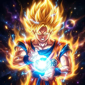 Dragon Ball Z forum avatar/pfp: Super Saiyan Goku with glowing golden hair, forming a blue energy sphere between his hands amid a fiery aura and starry background.