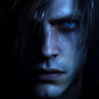 Close-up portrait of Leon S. Kennedy from Resident Evil, shadowed face and piercing blue eye, rendered as a video game forum avatar/pfp.