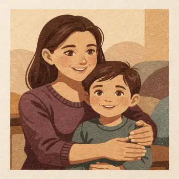 Forum avatar/pfp: illustrated mother hugging her young son, both smiling.