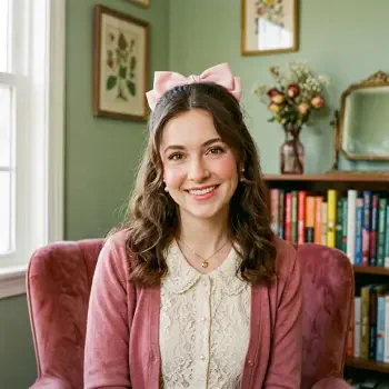 Coquette forum avatar: smiling woman in a pink cardigan and lace blouse with a pink bow headband, seated in a cozy room with books and floral decor.