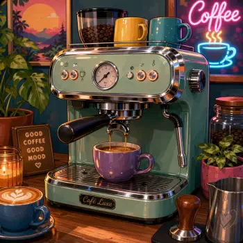 Retro green coffee machine brewing espresso with colorful mugs, neon Coffee sign and cozy counter details — shown as a forum avatar/pfp/profile photo.