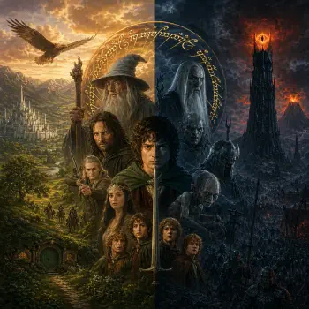 Forum avatar/pfp: The Lord of the Rings montage split down the middle — sunlit Shire with hobbits and Gandalf vs dark Mordor with Barad-dûr and Sauron’s Eye, One Ring motif.