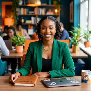 Forum avatar/profile photo of a smiling woman in a green blazer at a desk with a laptop and a mug labeled GIRL BOSS.