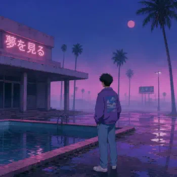 Retro anime forum avatar: lone figure in a purple jacket stands by a neon-lit motel pool at night, palm trees and a pink moon under a dreamy vaporwave sky.