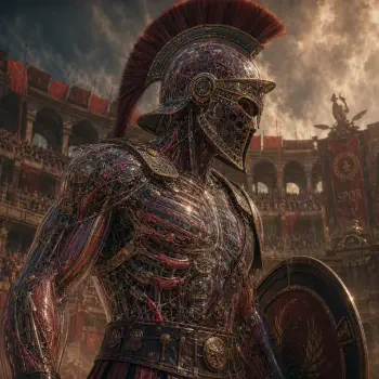 Roman gladiator in a crested helmet and shield, metallic and battle-worn, depicted as a dramatic forum avatar/pfp against a packed coliseum backdrop.