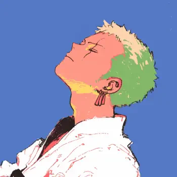 Forum avatar of Roronoa Zoro from One Piece — stylized side profile with green hair, earring and closed eyes against a solid blue background.