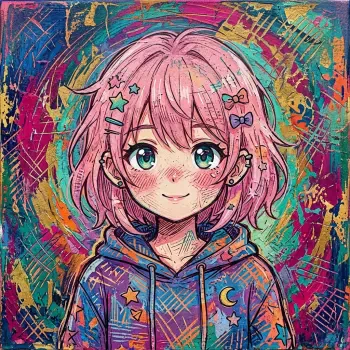 Kawaii anime girl with pink hair and green eyes wearing a star-and-moon hoodie, colorful painterly background — stylized forum avatar/pfp/profile photo