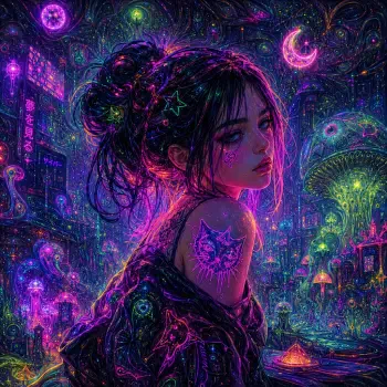 Neon girl with glowing tattoos and star hairpins, looking back amid vivid cyberpunk city lights — stylized forum avatar/pfp.